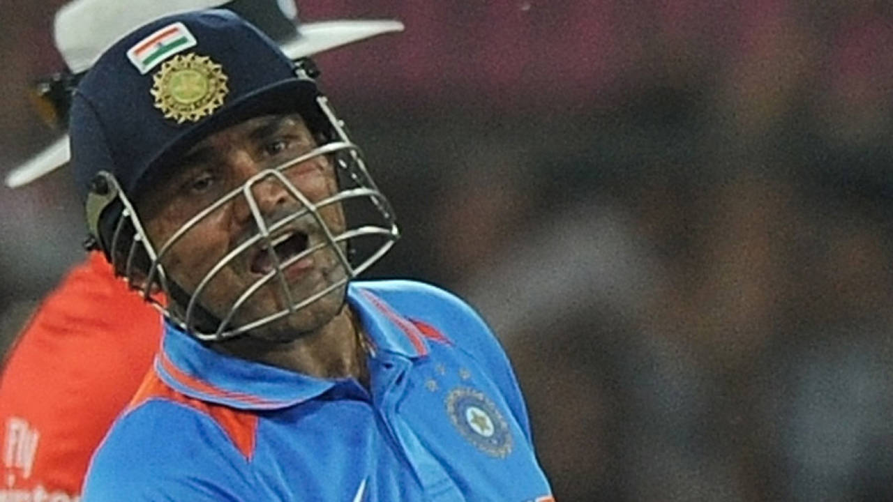 Virender Sehwag is pumped up after his one-day double-ton, India v West Indies, 4th ODI, Indore, December 8, 2011
