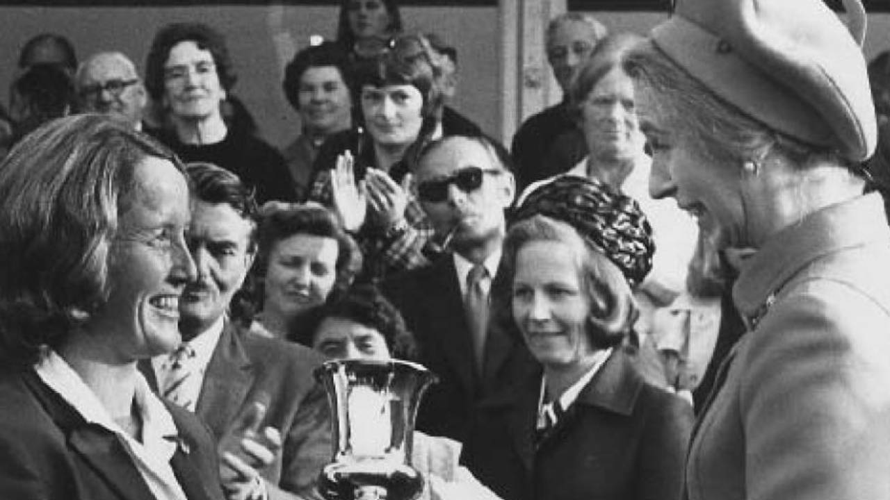 Rachael Heyhoe-Flint receives the World Cup from Princess Anne, Edgbaston, July 28, 1973