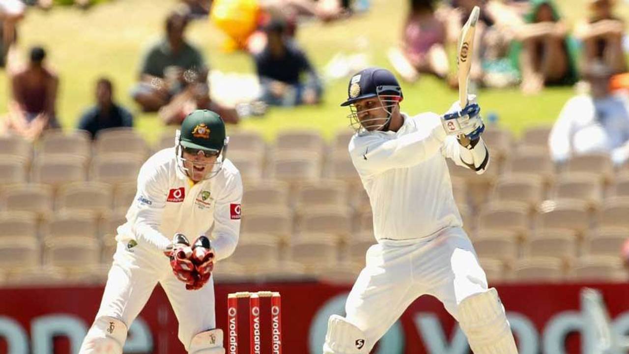 Virender Sehwag cracks one through the off side, Australia v India, 4th Test, Adelaide, 4th day, January 27, 2012