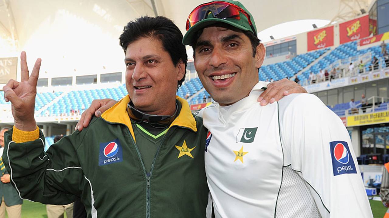 Misbah-ul-Haq with coach Mohsin Khan after Pakistan's series win