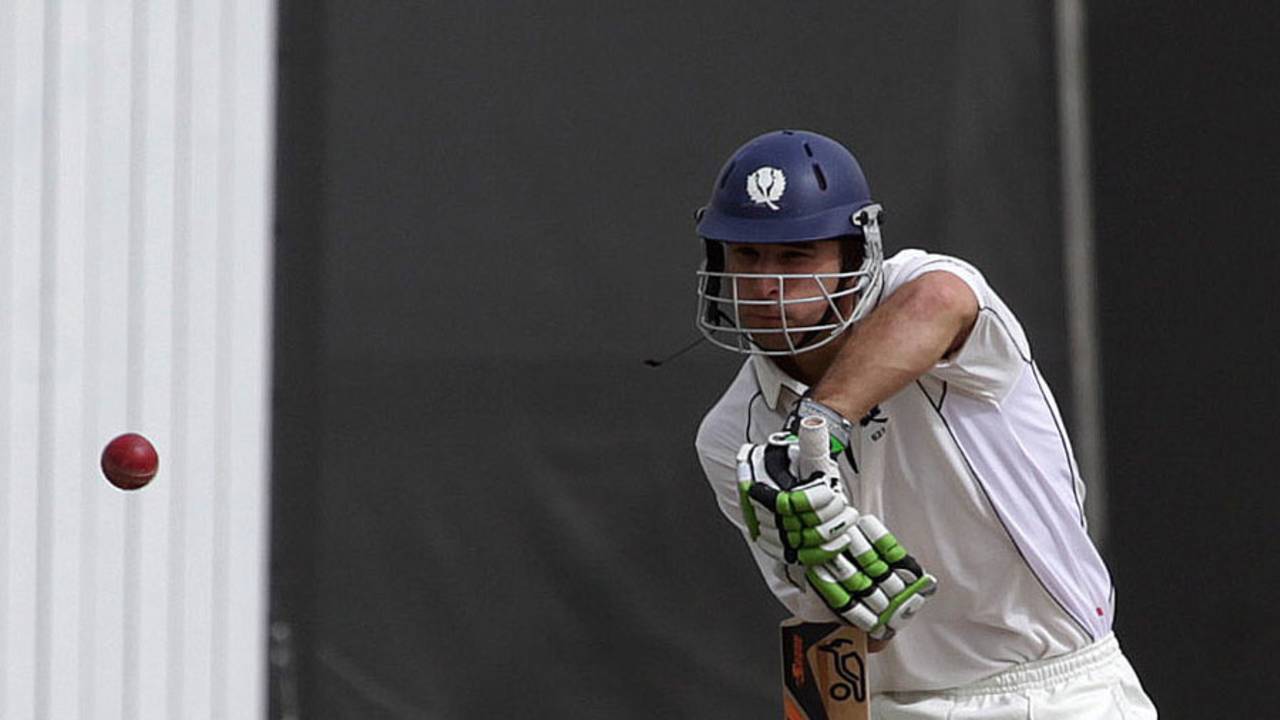 Simon Smith defends during his half-century, UAE v Scotland, Intercontinental Cup, 2nd day, Sharjah, February 17, 2012
