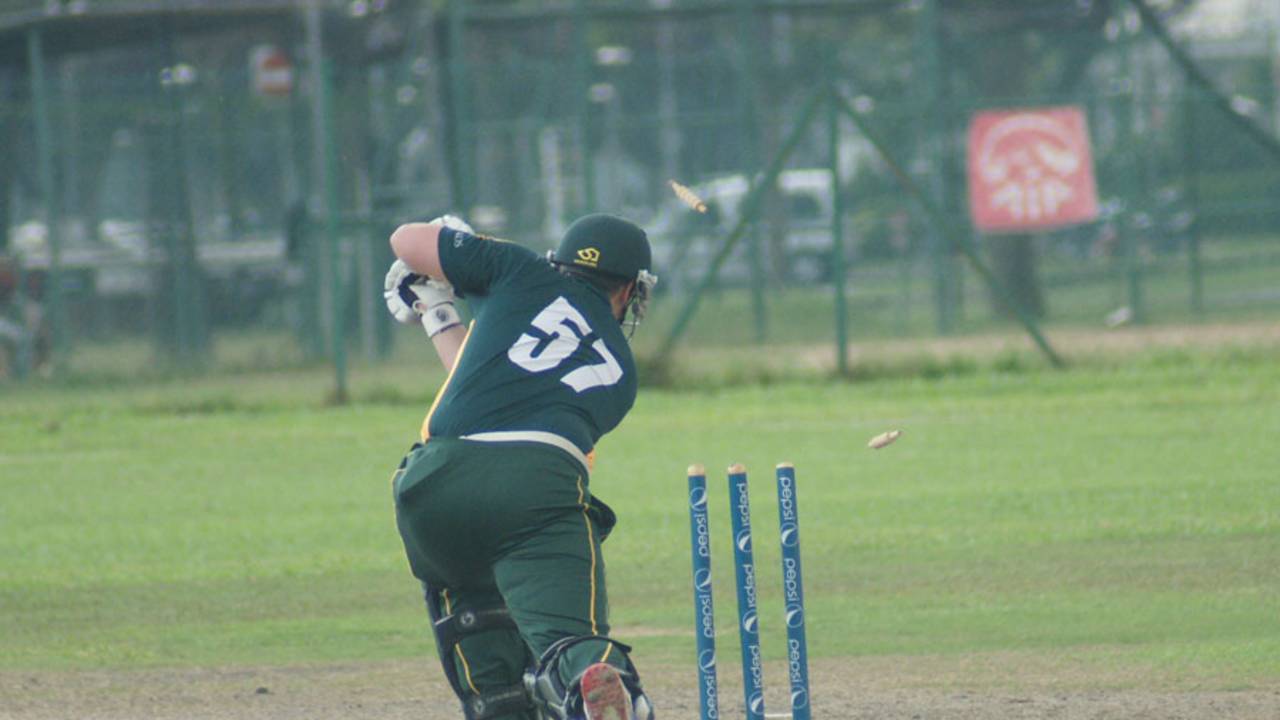 Tom Kimber was bowled first ball in Guernsey's four-run defeat, Guernsey v Malaysia, ICC World Cricket League Division 5, Singapore, February 22, 2012