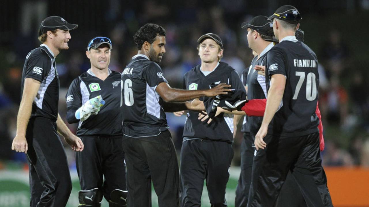 Tarun Nethula is congratulated on dismissing JP Duminy, New Zealand v South Africa, 2nd ODI, Napier, February 29, 2012 