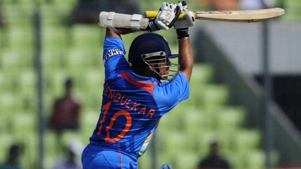 Sachin Tendulkar drives during his 100th century, Bangladesh v India, Asia Cup, Mirpur, March 16, 2012