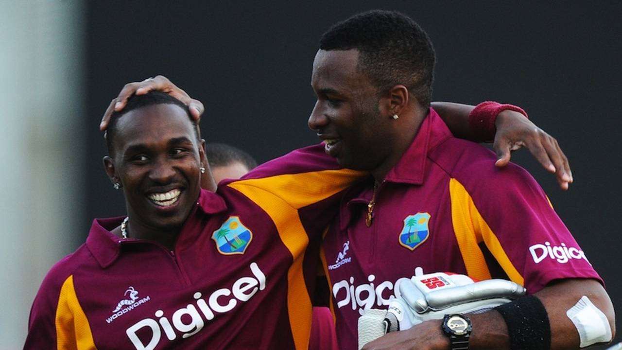 Kieron Pollard and Dwayne Bravo celebrate the victory, West Indies v Australia, 2nd ODI, St Vincent, March 18, 2012