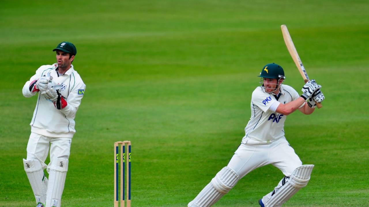 Riki Wessels cuts as Ben Scott looks on, County Championship, Trent Bridge, 2nd day, April 6, 2012