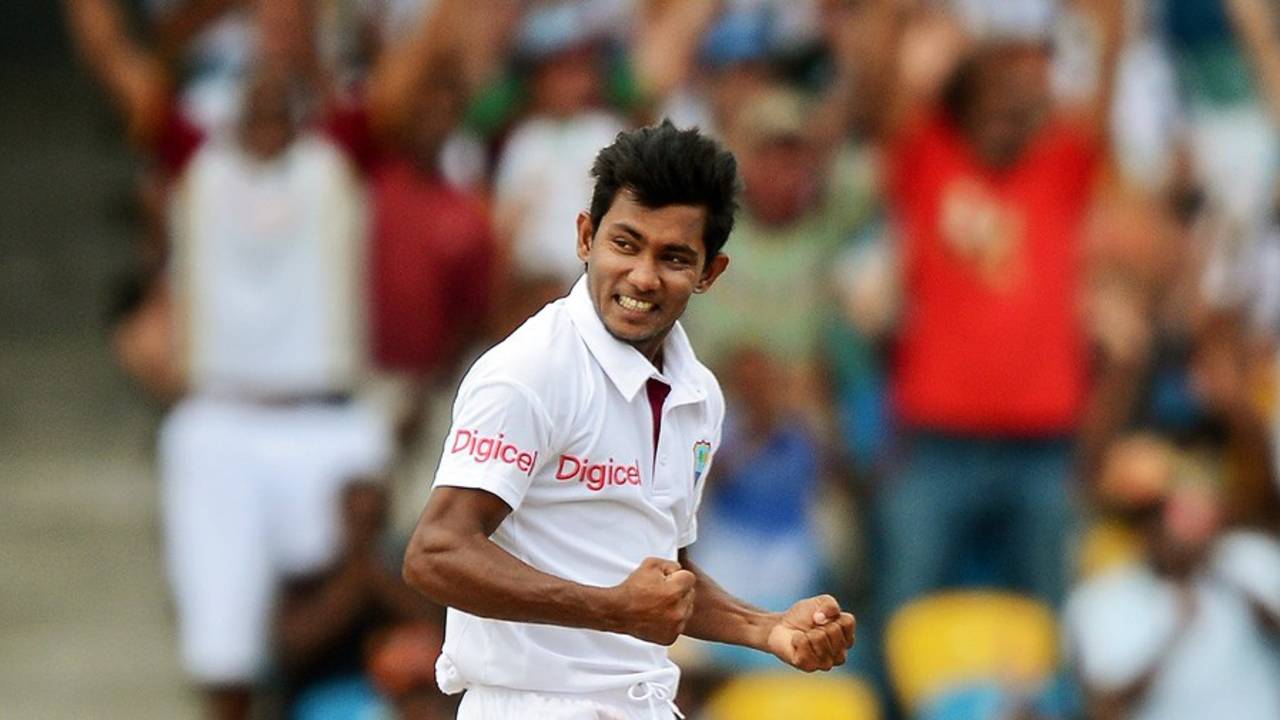Devendra Bishoo celebrates a wicket, West Indies v Australia, 1st Test, Barbados, 3rd day, April 9, 2012