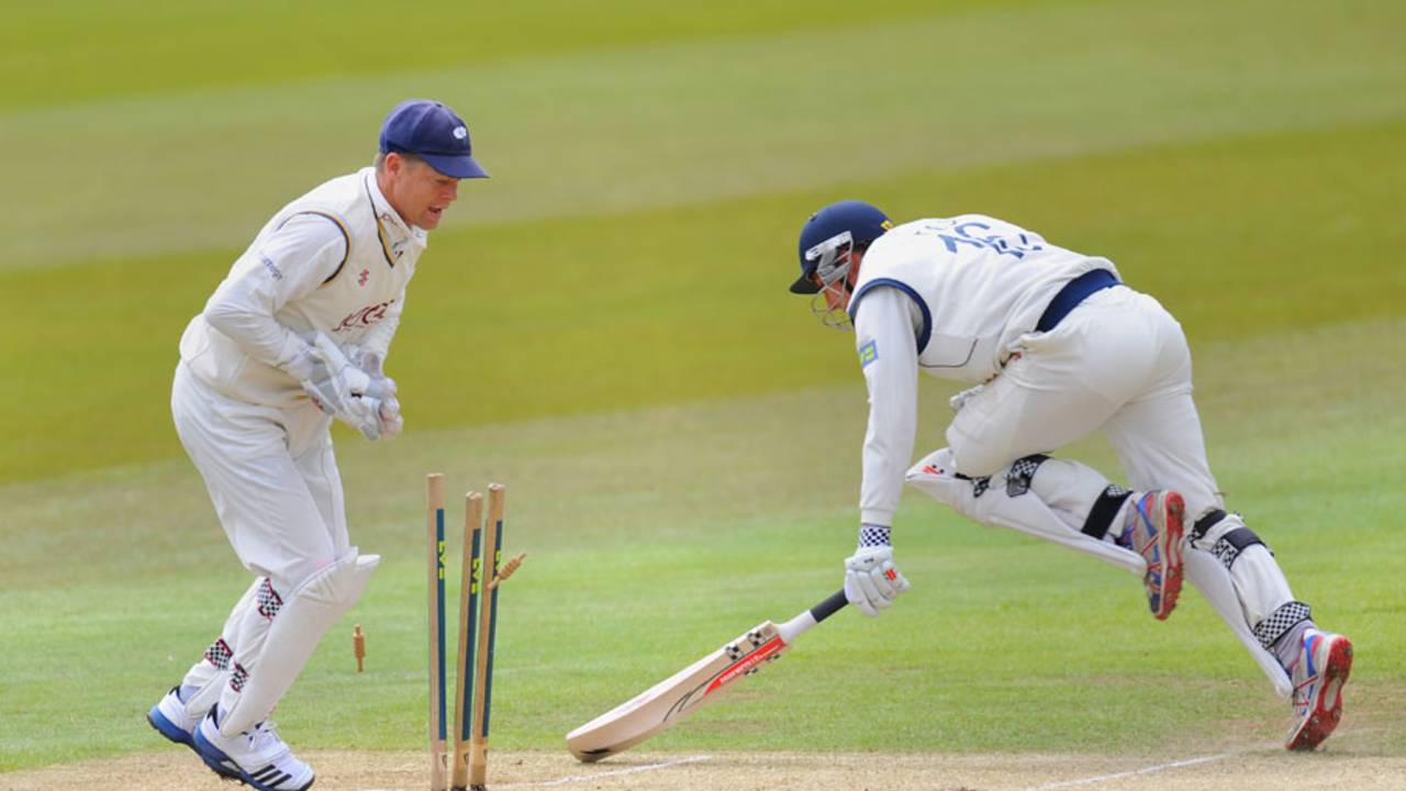 Michael Bates is run out by Gerard Brophy, Yorkshire v Hampshire, County Championship, Division Two, 2nd day, Headingley, May 17, 2012