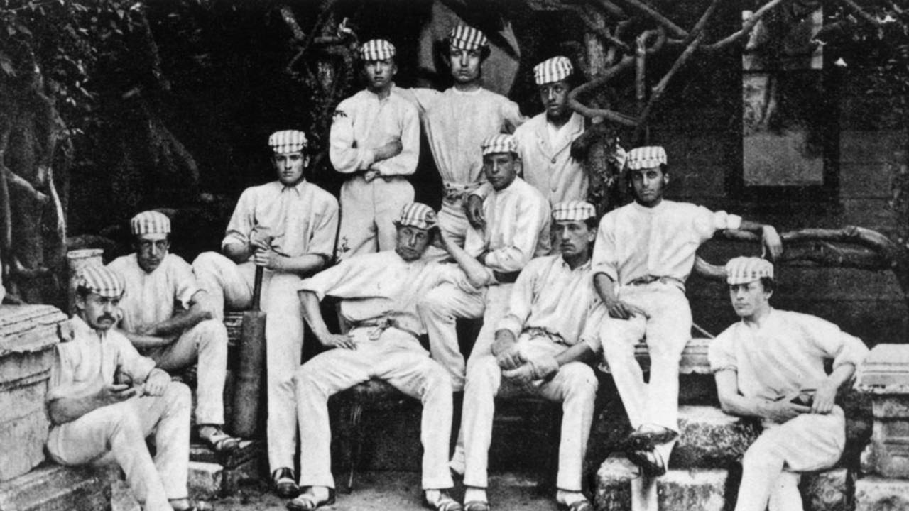 The Harrow XI during the match against Eton in 1869. Back row, (left to right): George Macan, AJ Begbie, W Law; Front row: Charles Walker, Frederick Alexander Currie, WP Crake, Spencer Gore, William Openshaw, Edward Peter Baily, AA Apcar and CT Giles