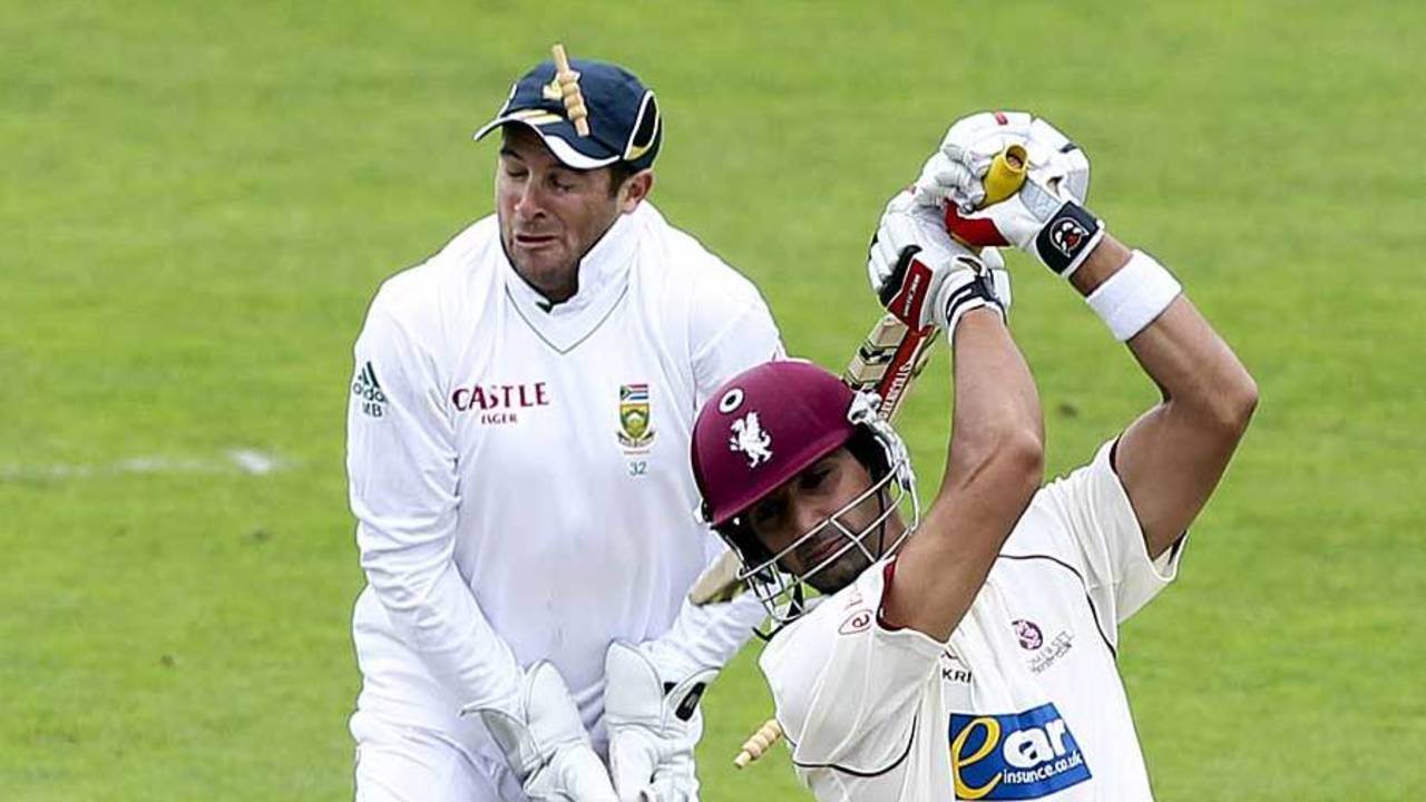 Mark Boucher was struck in the eye by a bail after Gemaal Hussain was bowled, Somerset v South Africans, Tour Match, Taunton, 1st day, July 9, 2012