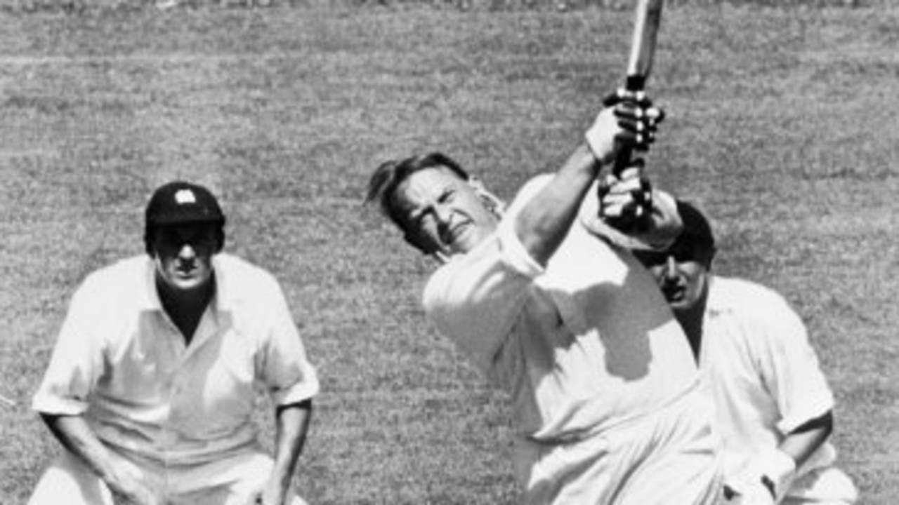Lord Cobham lofts one to the leg side while MCC keeper Jim Parks looks on, Governor-General's XI v MCC, 3rd day, Auckland, February 27, 1961
