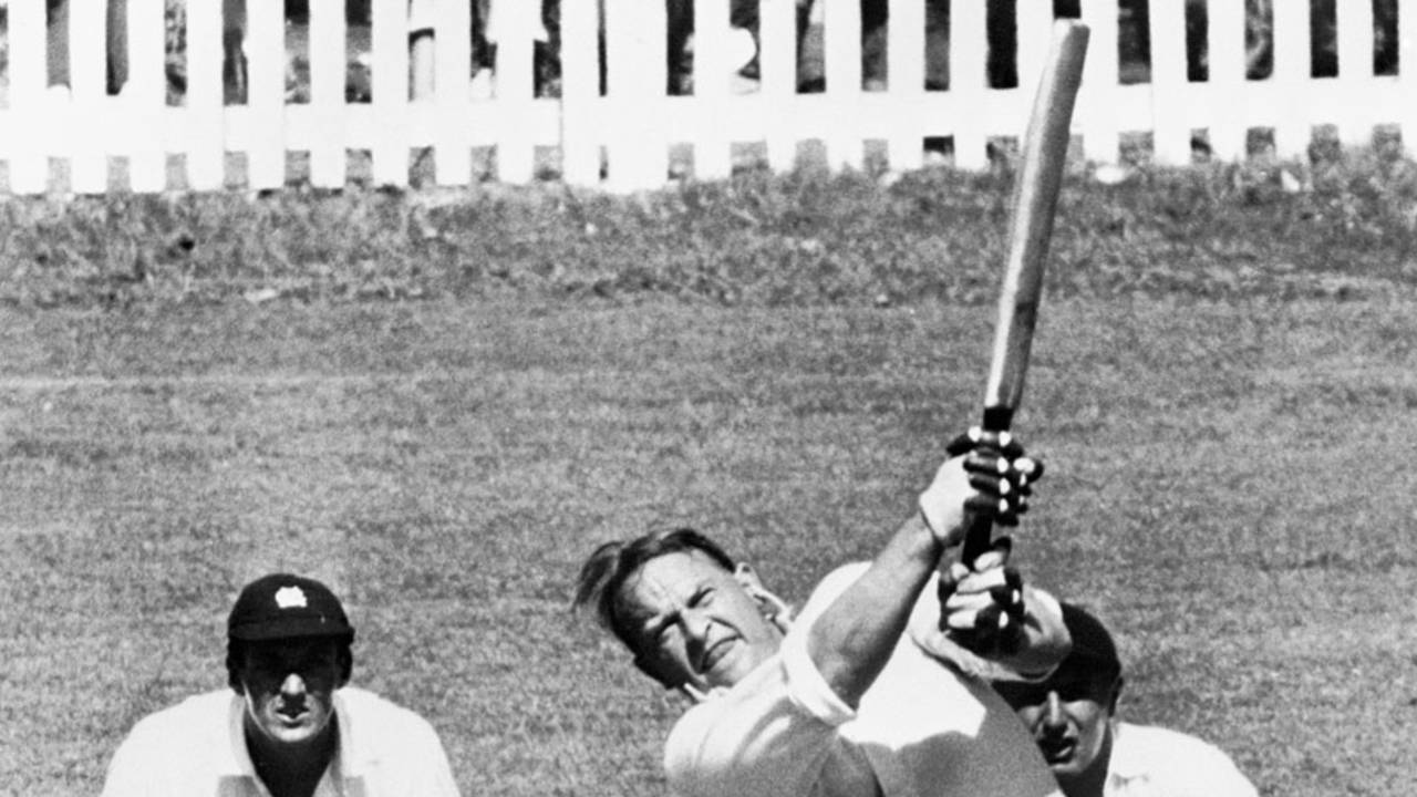 Lord Cobham lofts one to the leg side while MCC keeper Jim Parks looks on, Governor-General's XI v MCC, 3rd day, Auckland, February 27, 1961