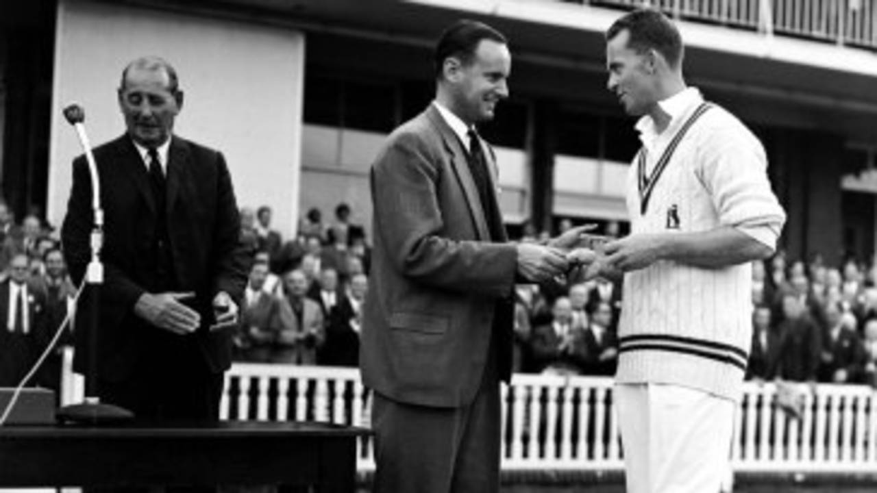 Peter May hands the Man of the Match award to Bob Barber, Warwickshire v Worcestershire, Gillette Cup final, Lord's, September 3, 1966