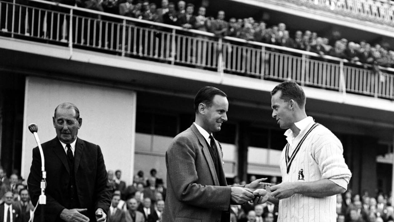 Peter May hands the Man of the Match award to Bob Barber, Warwickshire v Worcestershire, Gillette Cup final, Lord's, September 3, 1966