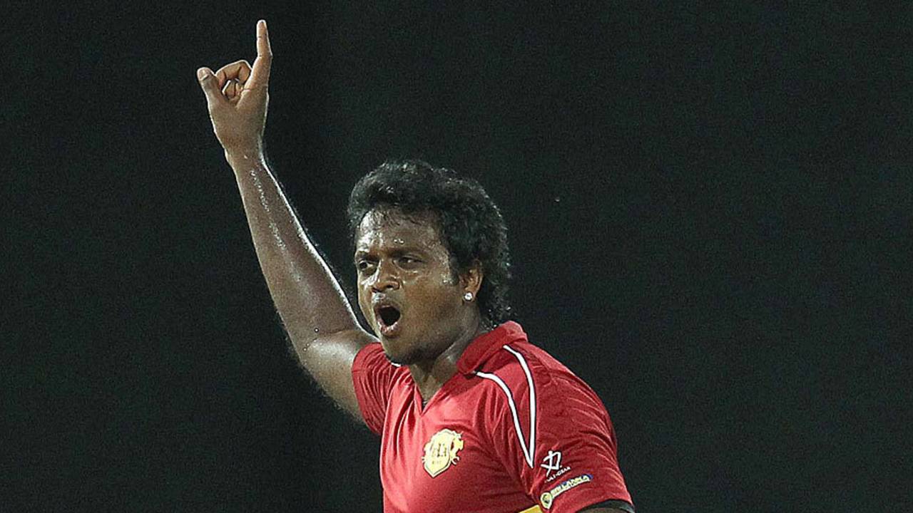 Dilhara Fernando celebrates his five-wicket haul for Uva, Uva Next v Basnahira Cricket Dundee, SLPL, Colombo, August 12, 2012