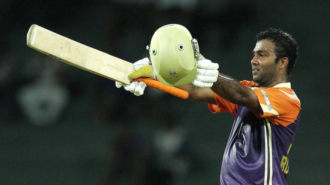 Gihan Rupasinghe celebrates his half-century, Ruhuna Royals v Uthura Rudras, SLPL, Colombo, August 14, 2012