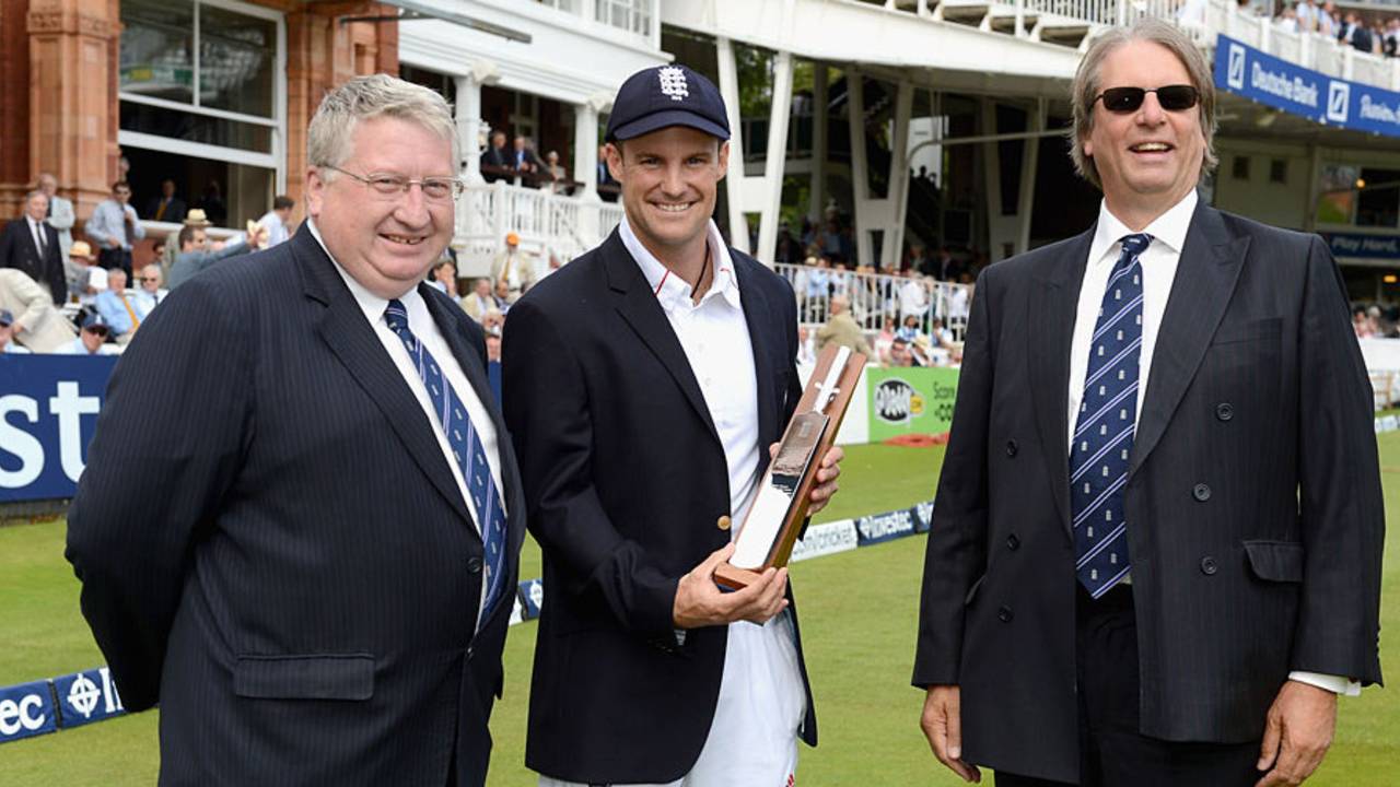 Andrew Strauss was presented with mementos of his 100th Test by David Collier and Giles Clarke , England v South Africa, 3rd Investec Test, Lord's, 1st day, August 16, 2012