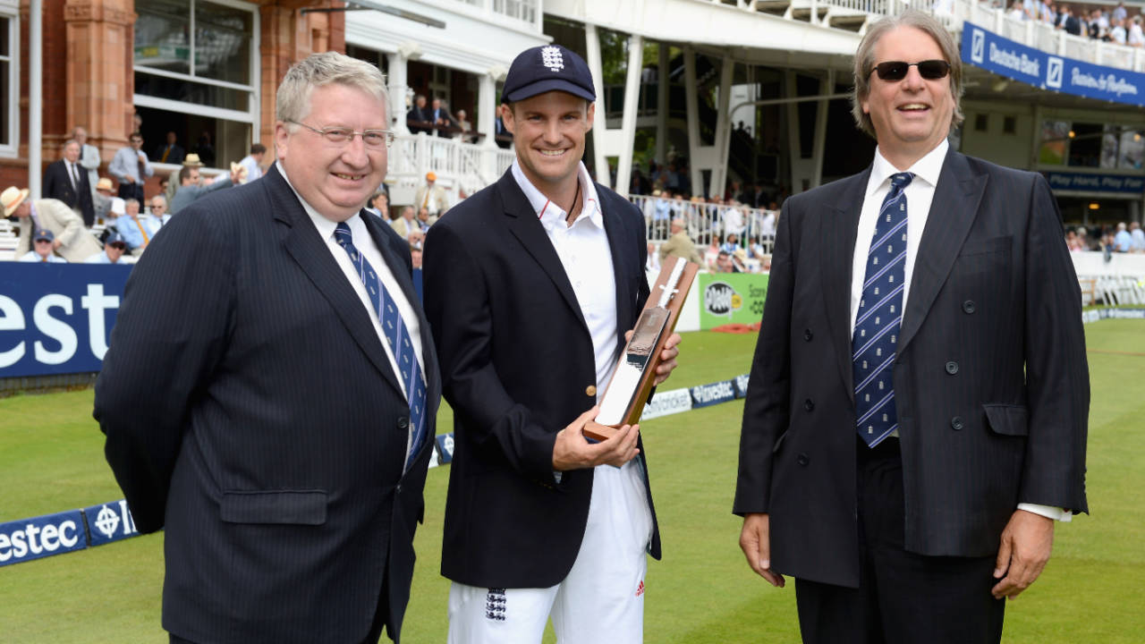 Andrew Strauss was presented with mementos of his 100th Test by David Collier and Giles Clarke , England v South Africa, 3rd Investec Test, Lord's, 1st day, August 16, 2012