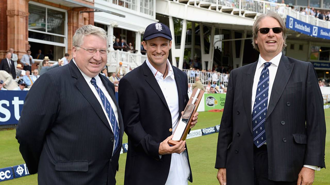 Andrew Strauss was presented with mementos of his 100th Test by David Collier and Giles Clarke 