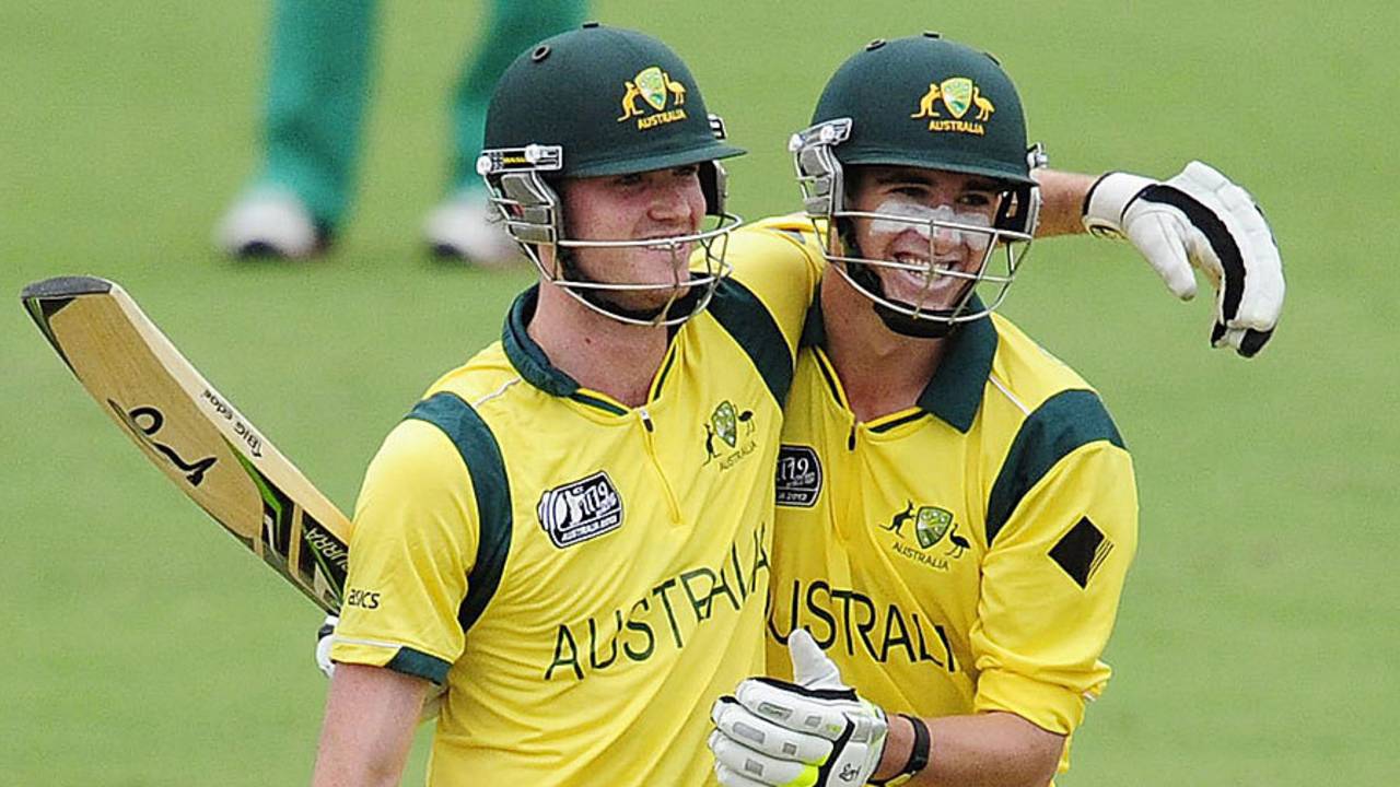 Ashton Turner and Alex Gregory celebrate Australia's semi-final win, Australia v South Africa, ICC Under-19 World Cup semi-final, Townsville, August 21, 2012