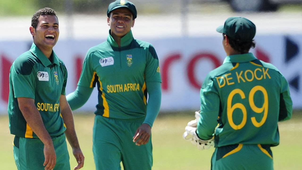 David Rhoda has a laugh after picking up one of his four wickets, New Zealand v South Africa, ICC Under-19 World Cup, 3rd place play-off, Townsville, August 25, 2012