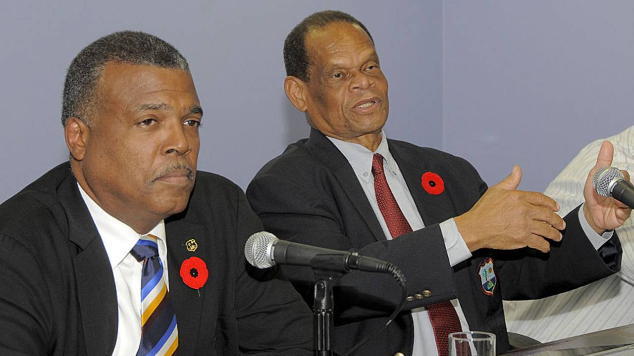 WICB CEO Michael Muirhead and president Julian Hunte speak at the Introductory Media Conference at Kensington Oval, Barbados, October 22, 2012 