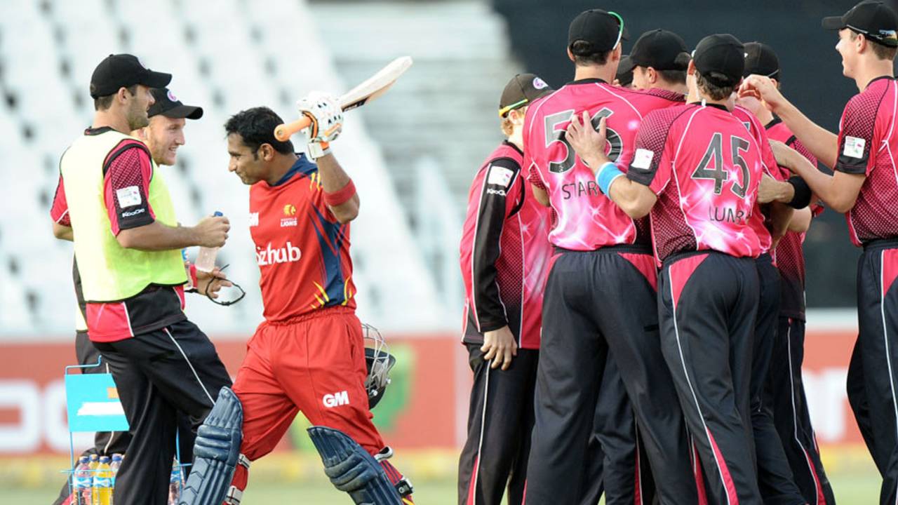 Gulam Bodi walks off disappointed after being dismissed in the first over, Lions v Sydney Sixers, final, CLT20, Johannesburg, October 28, 2012