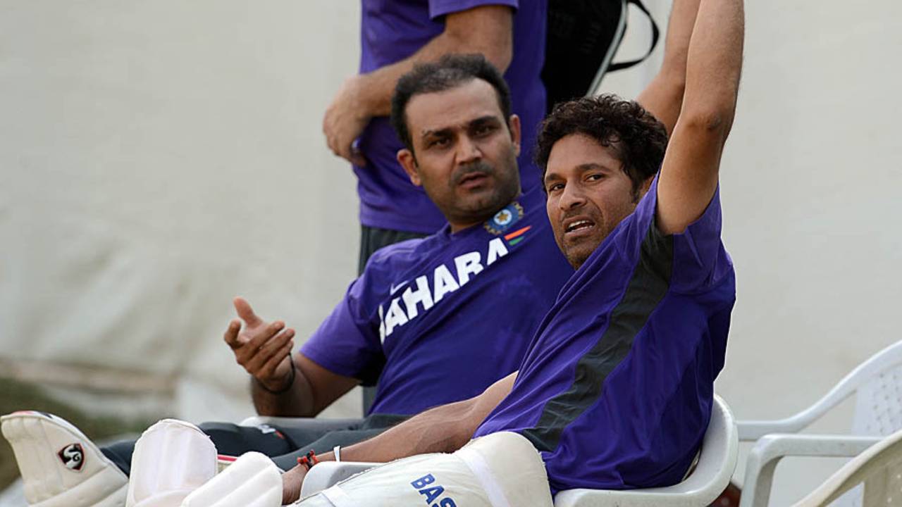Virender Sehwag and Sachin Tendulkar at a practice session, Ahmedabad, November 13, 2012