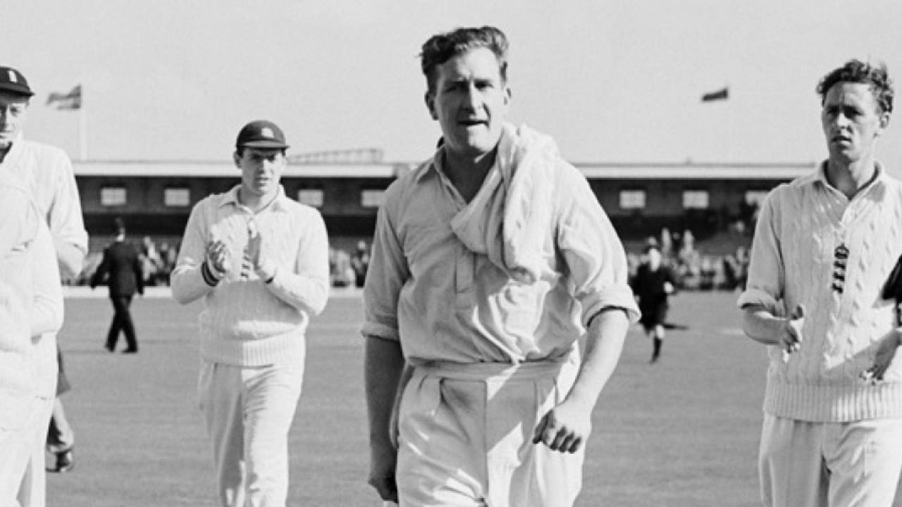 Jim Laker walks back after taking all ten wickets, England v Australia, 4th Test, Old Trafford, 5th day, July 31, 1956