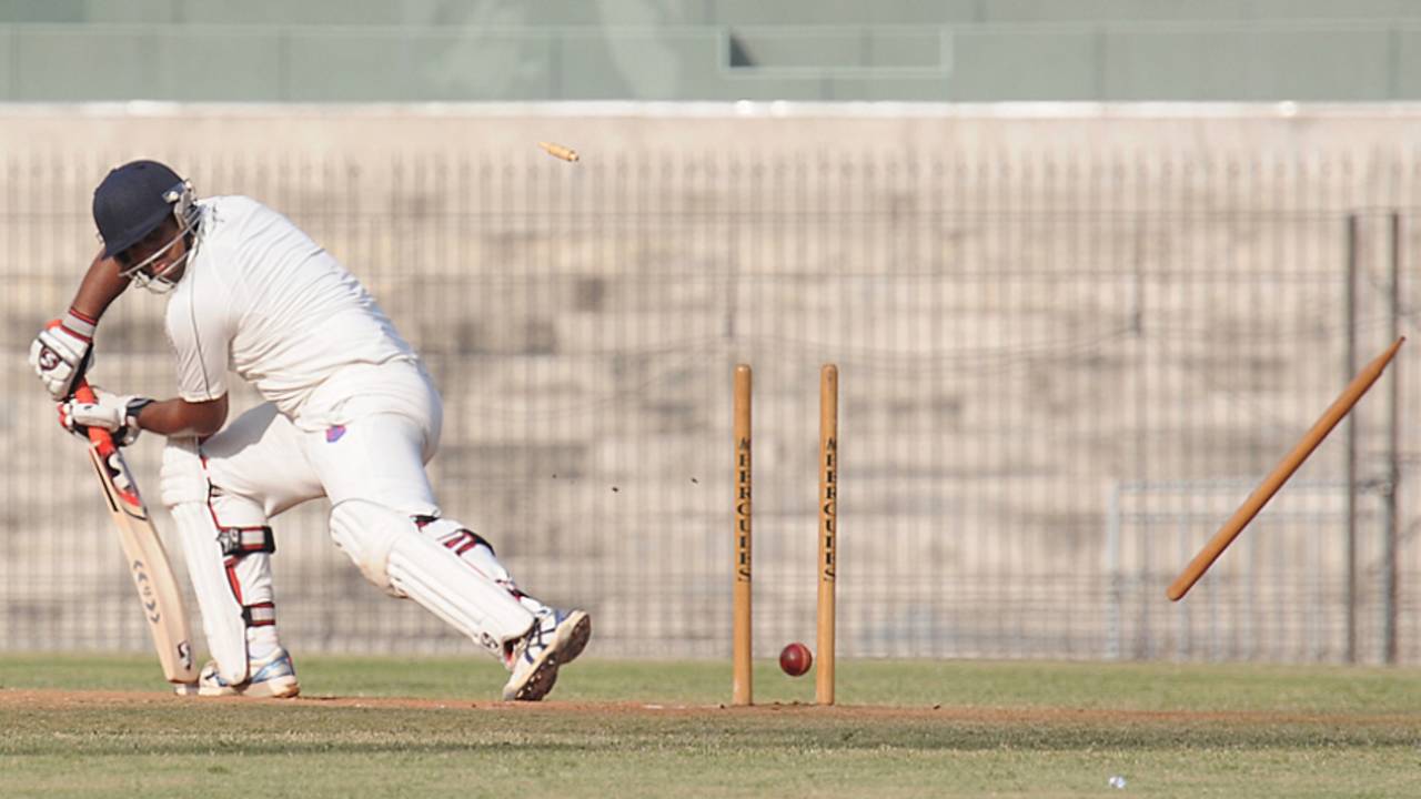 Maharashtra's Nikhil Paradkar  is bowled , Tamil Nadu v Maharashtra, Ranji Trophy, Group B, Chennai, 3rd day, November 19, 2012