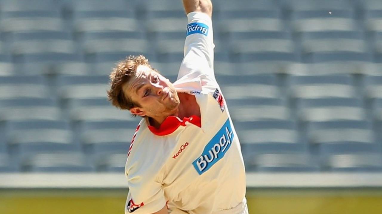 Gary Putland sends down a delivery, Victoria v South Australia, Sheffield Shield, Melbourne, 2nd day, November 24, 2012