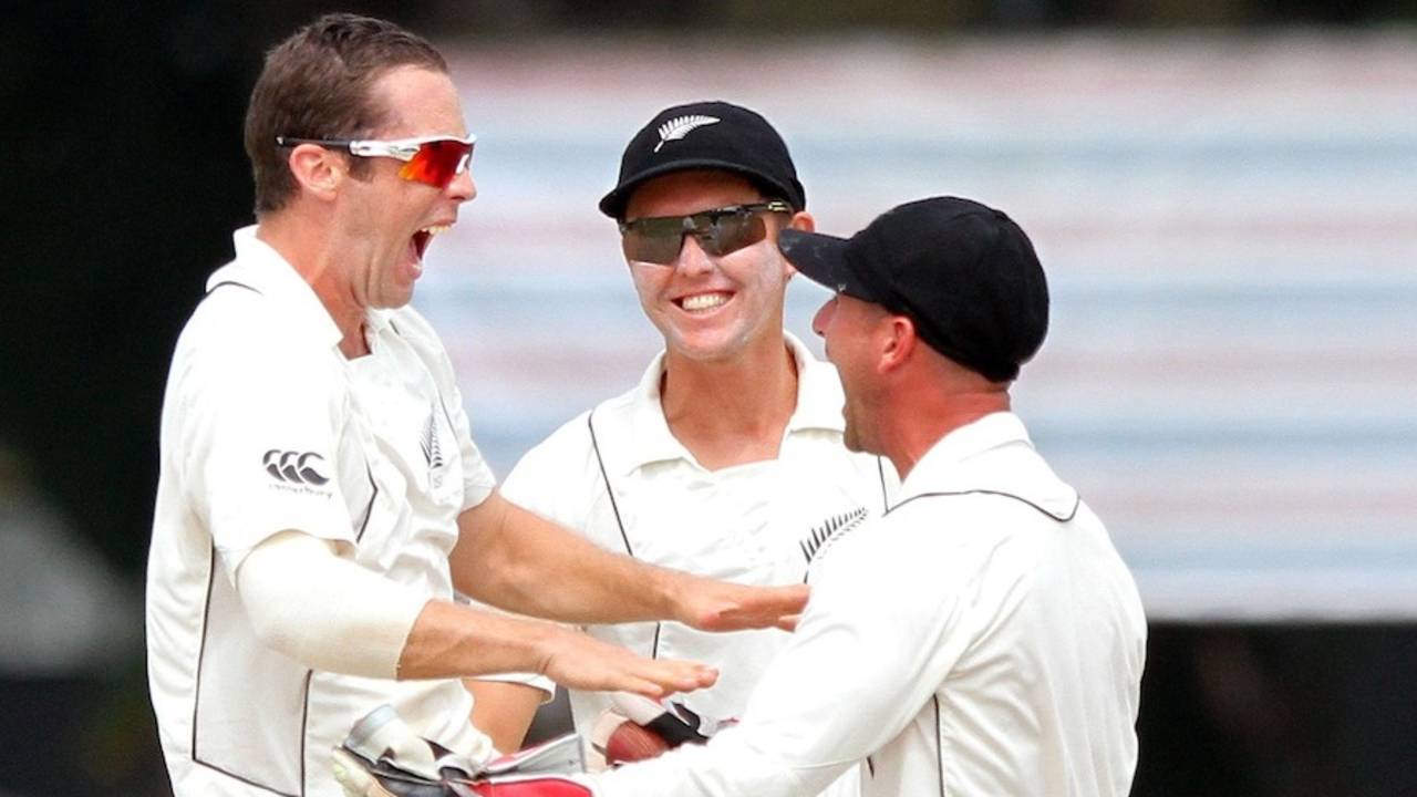 Todd Astle erupts after taking his first Test wicket, Sri Lanka v New Zealand, 2nd Test, Colombo, 5th day, November 29, 2012