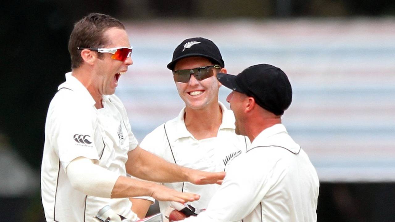 Todd Astle erupts after taking his first Test wicket, Sri Lanka v New Zealand, 2nd Test, Colombo, 5th day, November 29, 2012