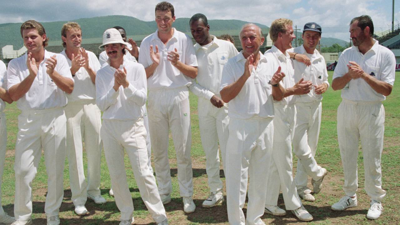 England players  and support staff (from left): Robin Smith, David Capel, Jack Russell, Angus Fraser, Chris Lewis, Micky Stewart, Alec Stewart, Nasser Hussain, Graham Gooch celebrate their nine-wicket victory, West Indies v England, 1st Test, Jamaica, 5th day, March 1, 1990
