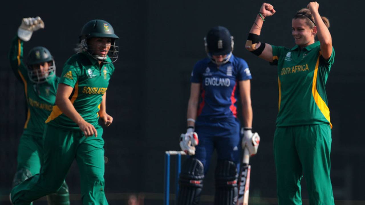 Yolandi Potgieter celebrates dismissing Lydia Greenway, England v South Africa, Women's World Cup warm-up, Mumbai, January 28, 2013