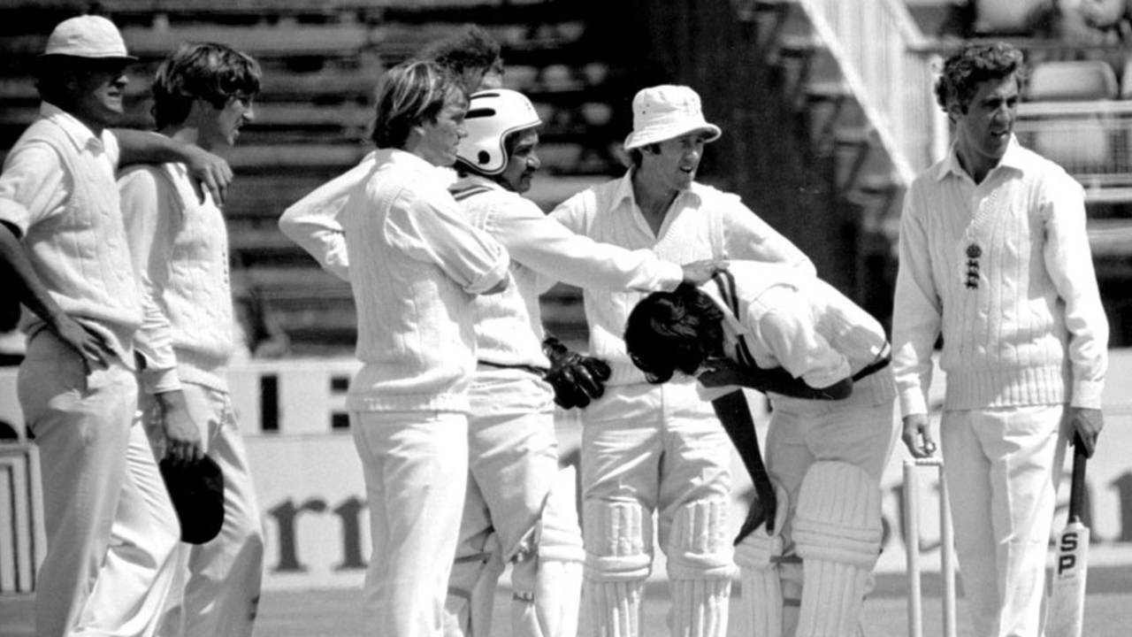 England players gather round Iqbal Qasim after he was struck by a Bob Willis bouncer, England v Pakistan, 1st Test, Leeds, June 6, 1978