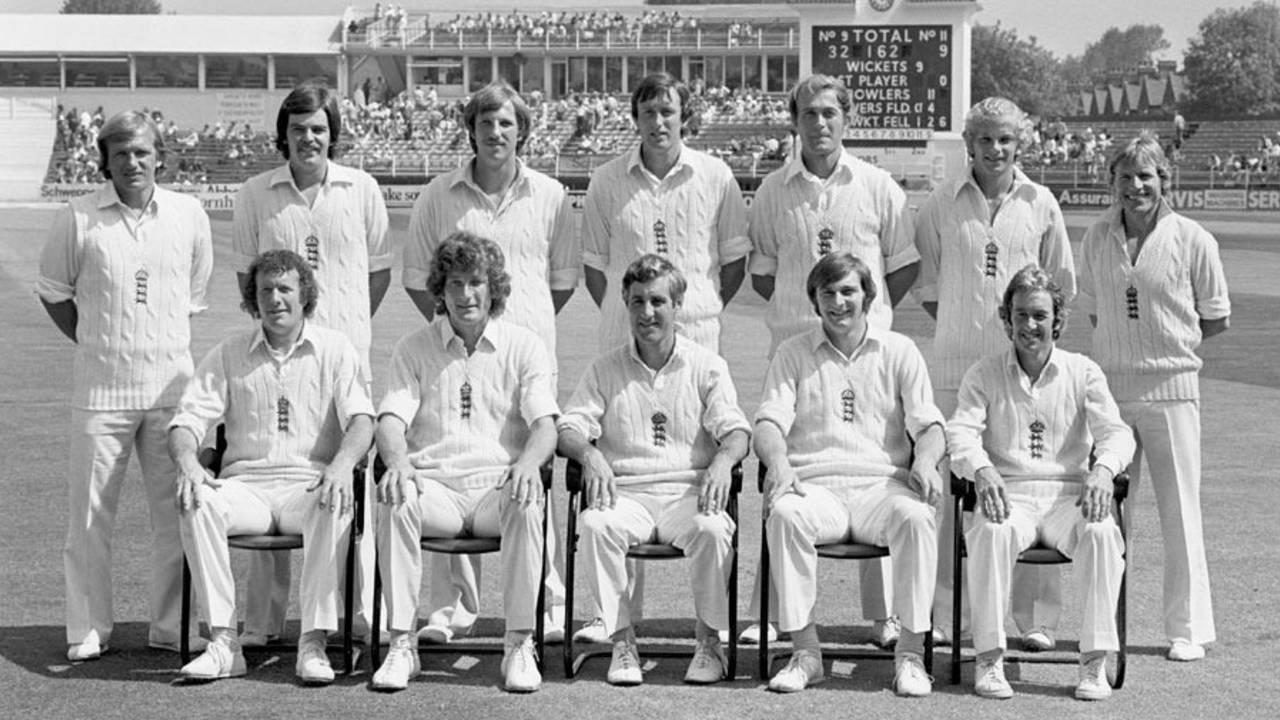 The England squad for the first Test (back row, l-r) Clive Radley, Geoff Miller, Ian Botham, Mike Hendrick, Phil Edmonds, David Gower, Barry Wood; (front row, l-r) Graham Roope, Bob Willis, Mike Brearley, Chris Old, Bob Taylor, England v Pakistan, 1st Test, Leeds, June 6, 1978
