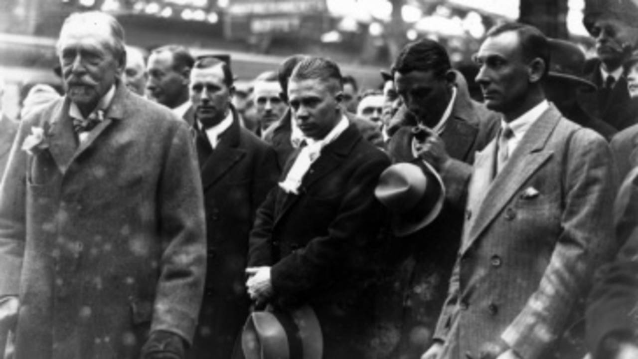 Lord Harris (left) greets Jack Hobbs (right) and the rest of the England players after they returned home having retained the Ashes in Australia, Dover, April 1, 1929