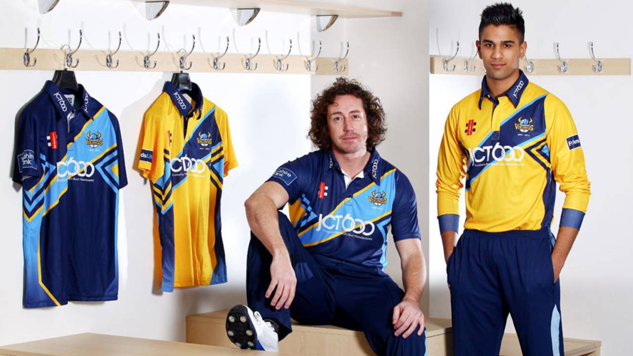Ryan Sidebottom and Moin Ashraf pose in Yorkshire's new kit, March 6, 2013