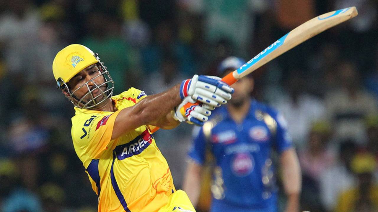 MS Dhoni thrashes one down the ground, Chennai Super Kings v Mumbai Indians, IPL, Chennai, April 6, 2013