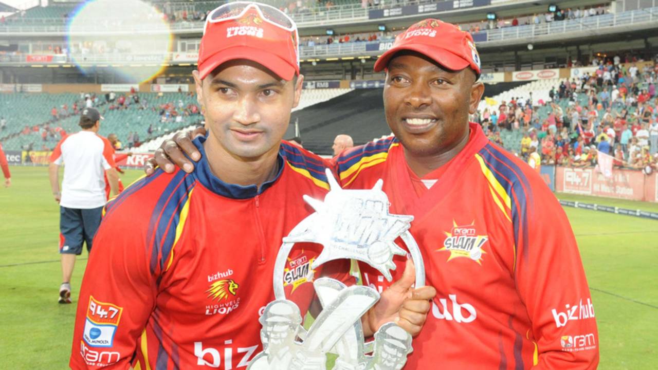 Lions captain Alviro Petersen and coach Geoff Toyana hold the Twenty20 trophy, Lions v Titans, Ram Slam T20 Challenge final, Johannesburg, April 7, 2013