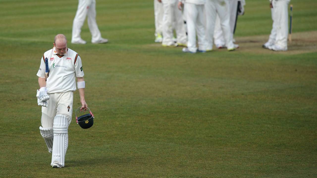 Michael Thornely walks off after making 14, Hampshire v Leicestershire, County Championship, Division Two, Ageas Bowl, 2nd day, April 11, 2013