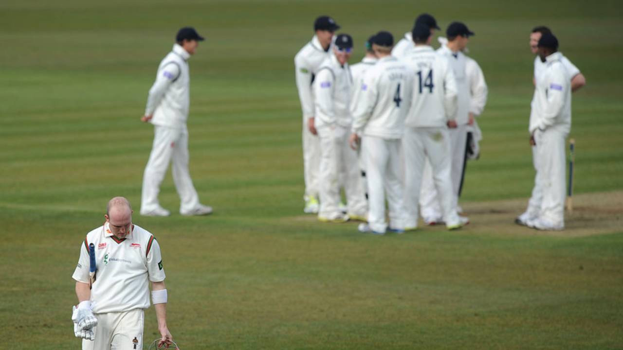 Michael Thornely walks off after making 14, Hampshire v Leicestershire, County Championship, Division Two, Ageas Bowl, 2nd day, April 11, 2013