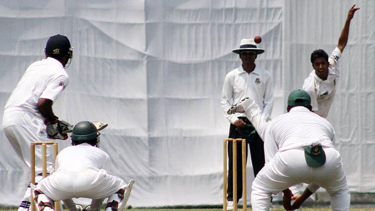AK Tyronne bowls for Sri Lanka Under-19, Bangladesh U-19 v Sri Lanka U-19, 1st Youth Test, Mirpur, 4th day, April 13, 2013