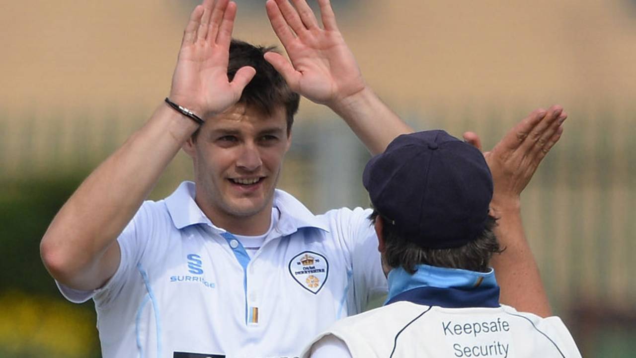 Jonathan Clare gets a high five from Wes Durston, Derbyshire v Nottinghamshire, County Championship, Division One, Derby, 2nd day, April 25, 2013