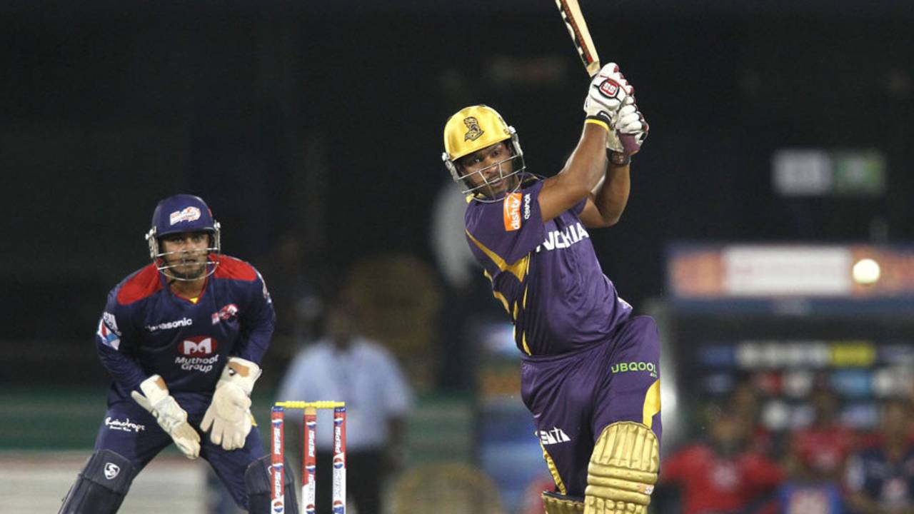 Debabrata Das hits down the ground, Delhi Daredevils v Kolkata Knight Riders, IPL, Raipur, May 1, 2013