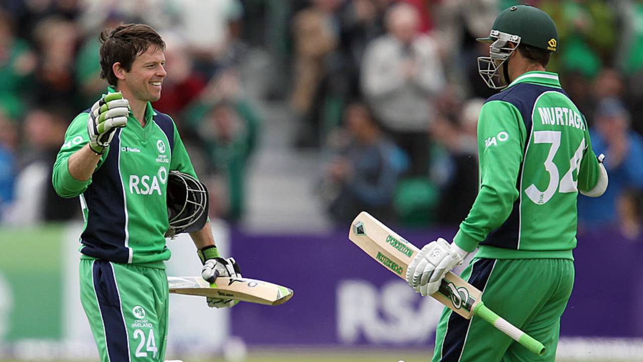 Tim Murtagh congratulates Ed Joyce on his century, Ireland v Pakistan, 2nd ODI, Dublin, May 26, 2013