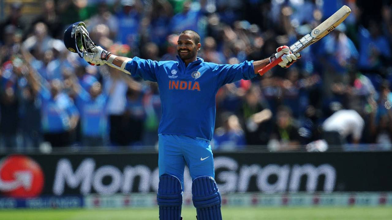 Shikhar Dhawan celebrates his maiden ODI century, India v South Africa, Champions Trophy, Group B, Cardiff, June 6, 2013