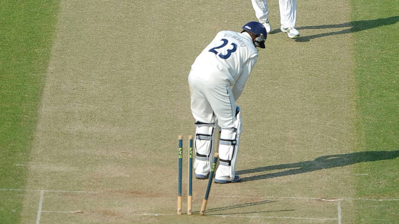 David Griffiths pegged back Daniel Bell-Drummond's off stump, Hampshire v Kent, County Championship, Division One, Ageas Bowl, 2nd day, June 6, 2013