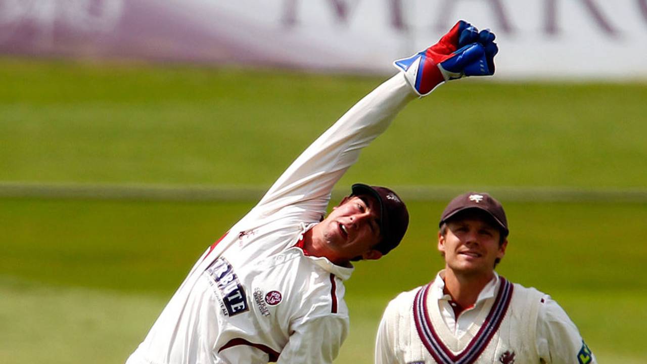 Alex Barrow leaps for a take, Derbyshire v Somerset, County Championship, Division One, Derby, 1st day, June 21, 2013